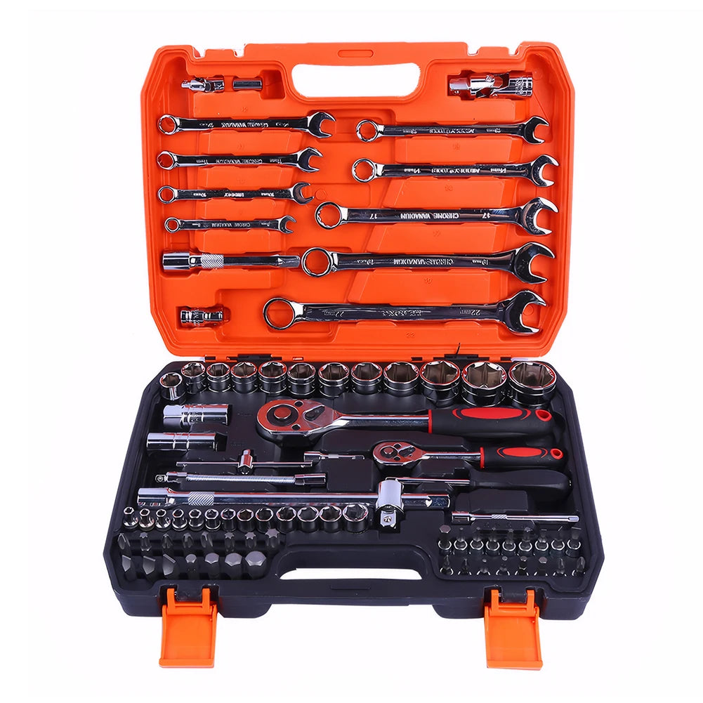 82PCS Socket Wrench Set Ratchet Wrench Set with Bit & Connector & Extension Bar Car Tools Set Tool Box Kit Auto Repair Tool Set