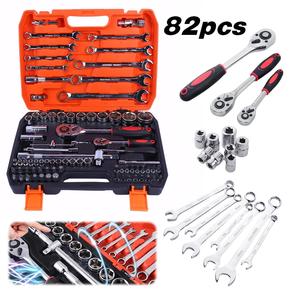 82 PCS Socket Wrench Set Ratchet Wrench Set with Bit & Connector & Extension Bar Car Tools Set for Auto Repairing and Household