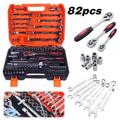 82 PCS Socket Wrench Set Ratchet Wrench Set with Bit & Connector & Extension Bar Car Tools Set for Auto Repairing and Household