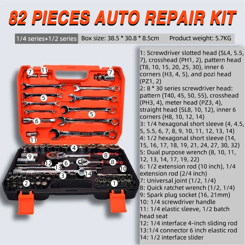 82PCS Socket Wrench Set Ratchet Wrench Set with Bit & Connector & Extension Bar Car Tools Set Tool Box Kit Auto Repair Tool Set