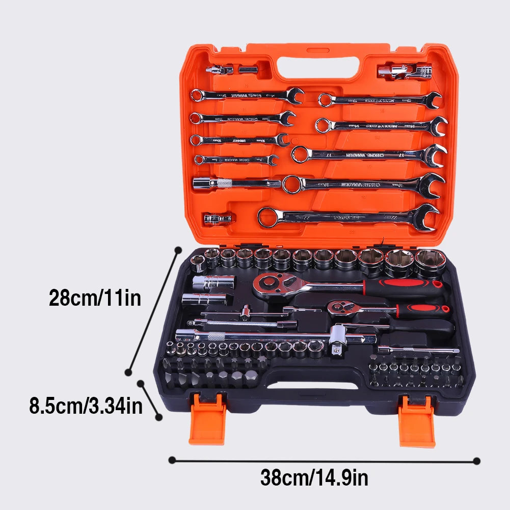 82PCS Socket Wrench Set Ratchet Wrench Set with Bit & Connector & Extension Bar Car Tools Set Tool Box Kit Auto Repair Tool Set