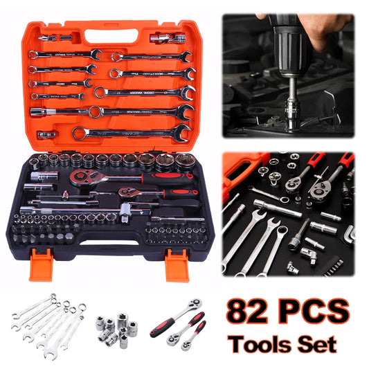82PCS Socket Wrench Set Ratchet Wrench Set with Bit & Connector & Extension Bar Car Tools Set Tool Box Kit Auto Repair Tool Set