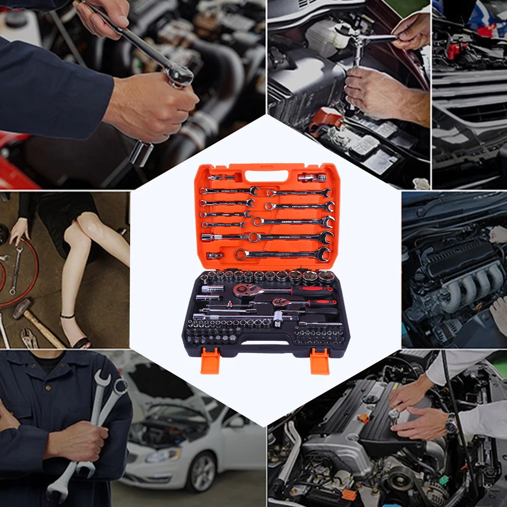 82PCS Socket Wrench Set Ratchet Wrench Set with Bit & Connector & Extension Bar Car Tools Set Tool Box Kit Auto Repair Tool Set