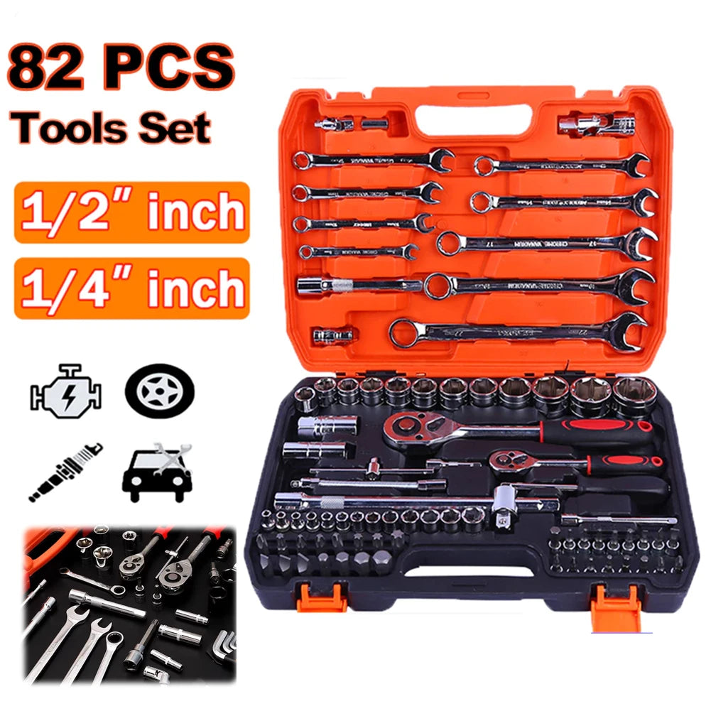 82PCS Socket Wrench Set Ratchet Wrench Set with Bit & Connector & Extension Bar Car Tools Set Tool Box Kit Auto Repair Tool Set